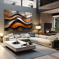 Ondas abstratas sobrepostas em cobre, marrom, prata e cinza com textura metálica, quadro decorativo