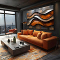 Ondas abstratas sobrepostas em cobre, marrom, prata e cinza com textura metálica, quadro decorativo