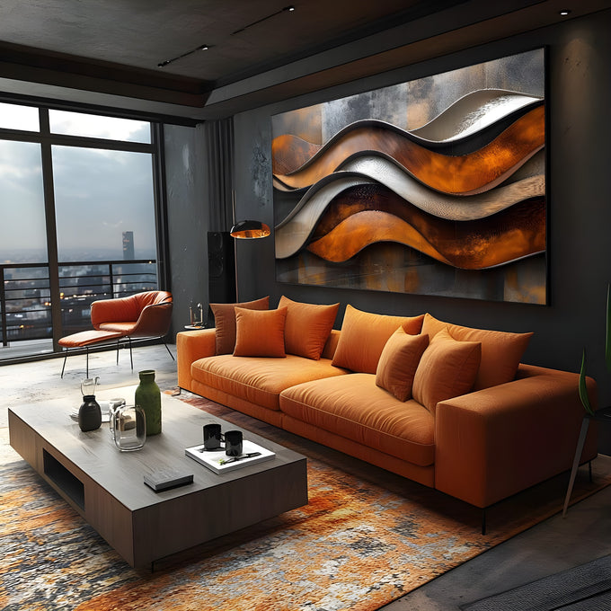 Ondas abstratas sobrepostas em cobre, marrom, prata e cinza com textura metálica, quadro decorativo