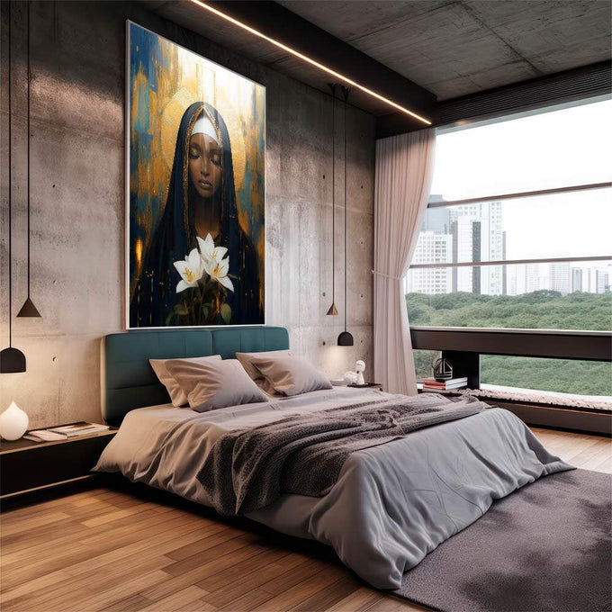 Quadro Decorativo A Paz De Nossa Senhora de Aparecida - quadros decorativos 1 Tela Vertical, 3 Telas - em sala moderna