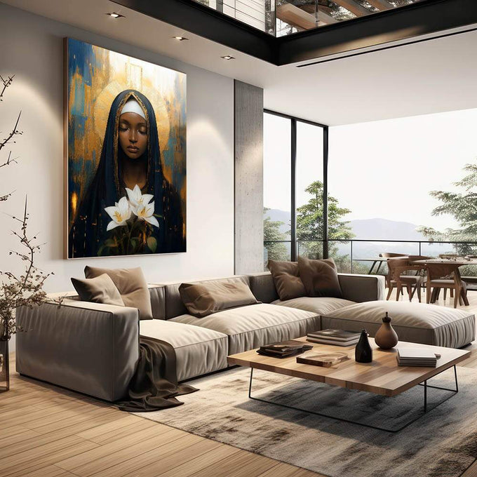 Quadro Decorativo A Paz De Nossa Senhora de Aparecida - quadros decorativos para sala 1 Tela Vertical, 3 Telas - em quarto contemporaneo