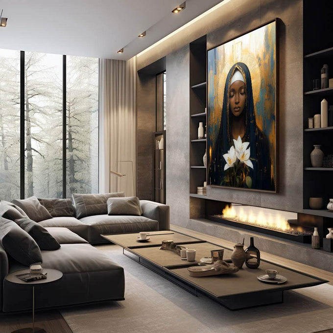 Quadro Decorativo A Paz De Nossa Senhora de Aparecida - quadros decorativos 1 Tela Vertical, 3 Telas - em escritorio elegante