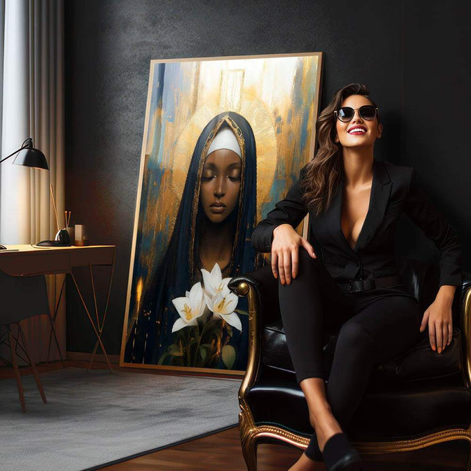 Quadro Decorativo A Paz De Nossa Senhora de Aparecida - quadros decorativos para sala 1 Tela Vertical, 3 Telas - em living room premium