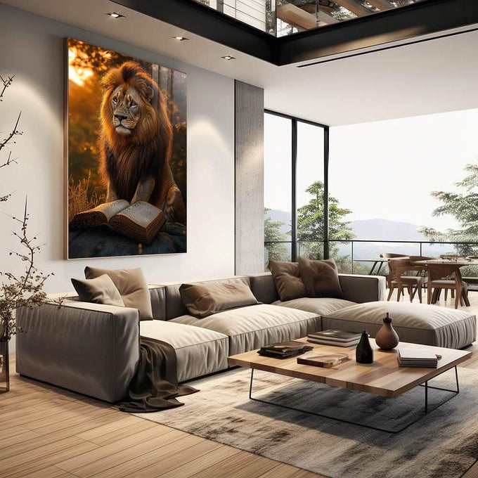 Quadro Decorativo A Sabedoria do Leão de Judá - quadros decorativos para sala 1 Tela Vertical, 3 Telas - em quarto contemporaneo