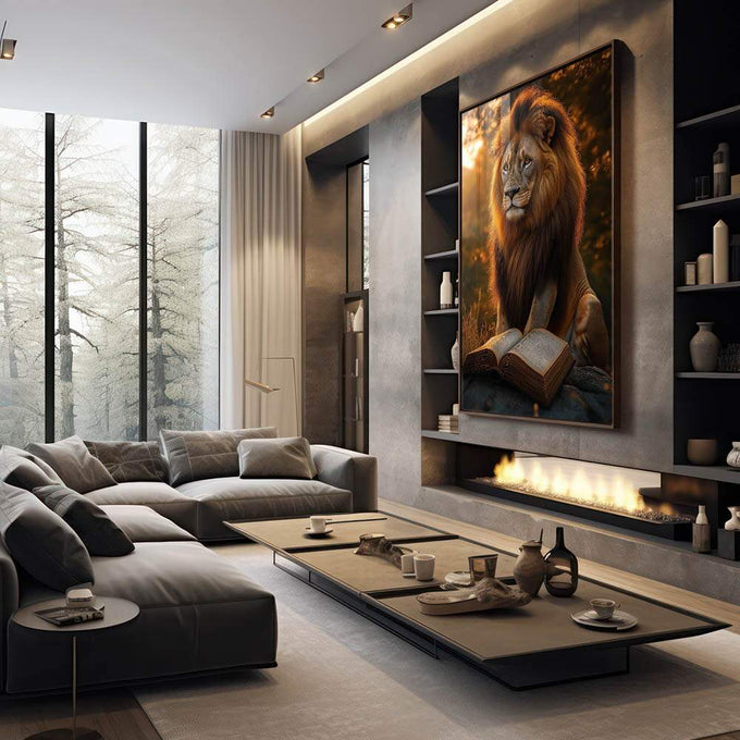 Quadro Decorativo A Sabedoria do Leão de Judá - quadros decorativos para sala 1 Tela Vertical, 3 Telas - em living room premium