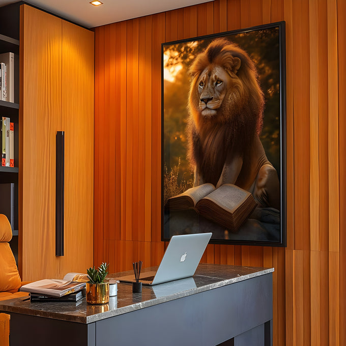 Leão de juba dourada sentado diante de Bíblia aberta sob luz de pôr do sol, quadro decorativo