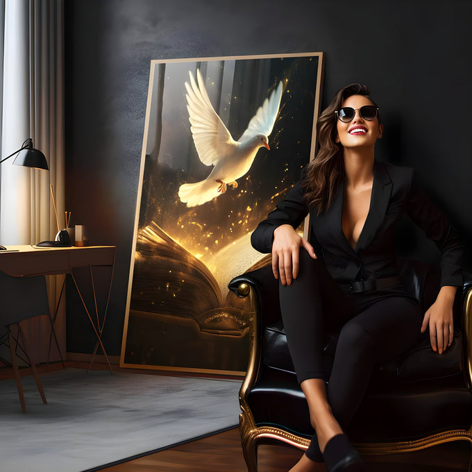 Pomba branca do Espírito Santo voando sobre Bíblia aberta com luz e partículas douradas, quadro decorativo