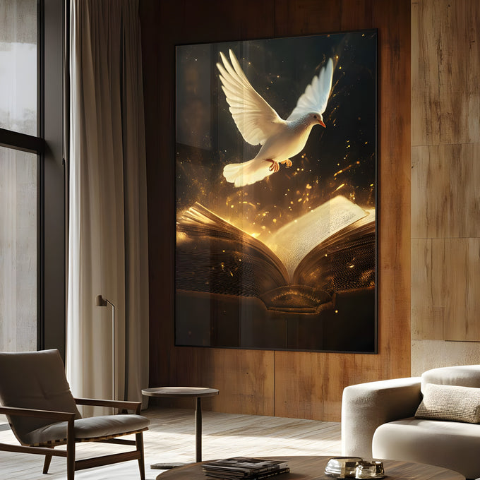 Pomba branca do Espírito Santo voando sobre Bíblia aberta com luz e partículas douradas, quadro decorativo