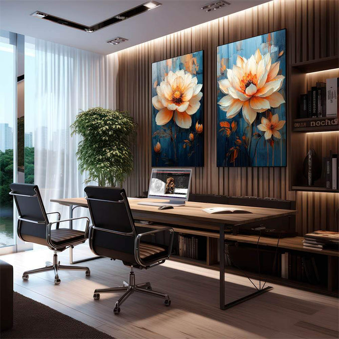 Quadro Decorativo Dupla de Flores Esbeltas  Elegância e Natureza - quadros decorativos para sala 2 Telas, ambientação luxuosa - em quarto contemporaneo