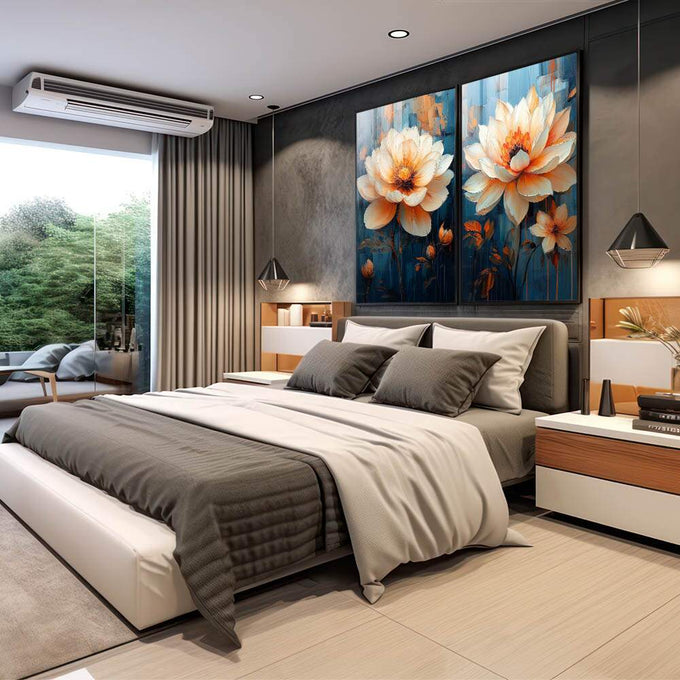 Quadro Decorativo Dupla de Flores Esbeltas  Elegância e Natureza - quadros decorativos 2 Telas, ambientação luxuosa - em escritorio elegante
