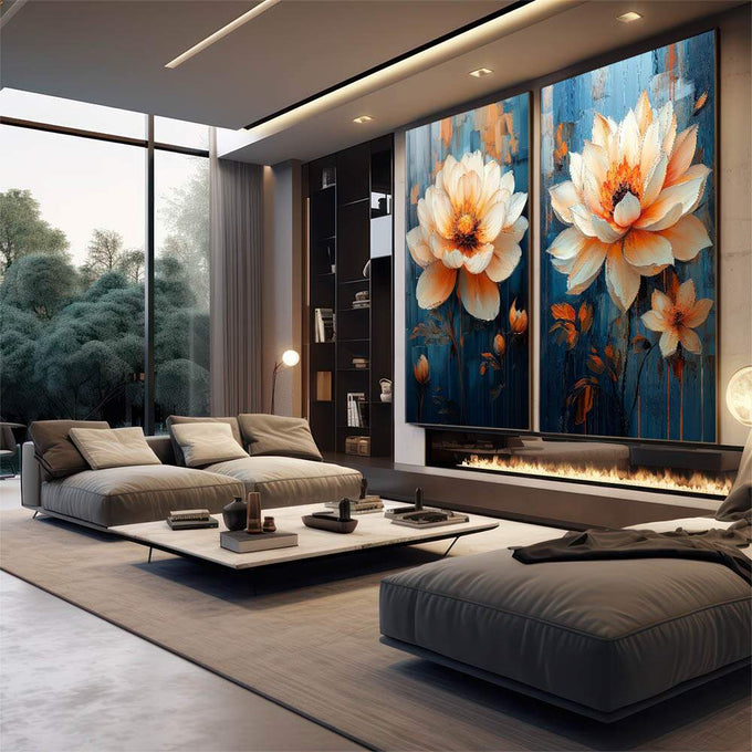 Quadro Decorativo Dupla de Flores Esbeltas  Elegância e Natureza - quadros decorativos para sala 2 Telas, ambientação luxuosa - em living room premium
