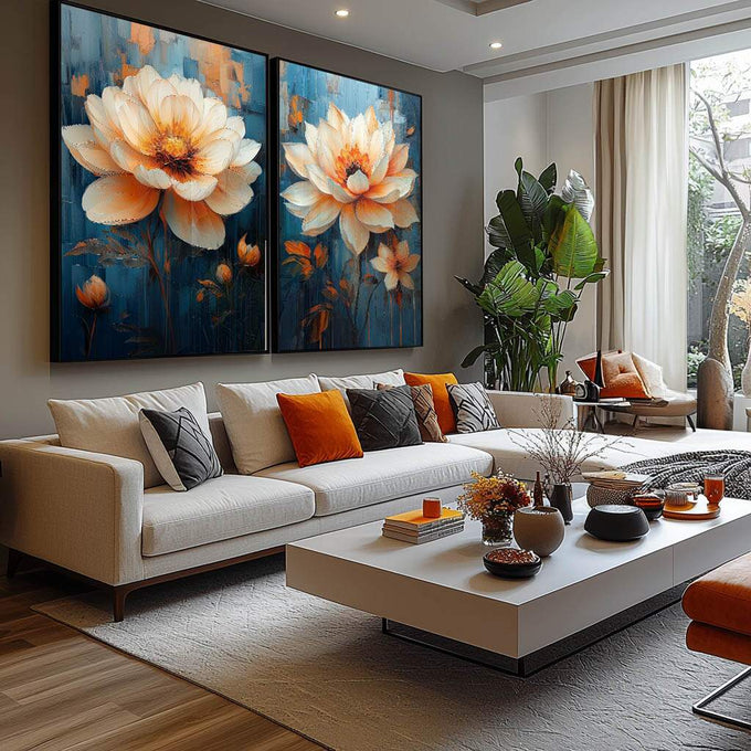 Quadro Decorativo Dupla de Flores Esbeltas  Elegância e Natureza - quadros decorativos para sala 2 Telas, ambientação luxuosa - em ambiente decorado
