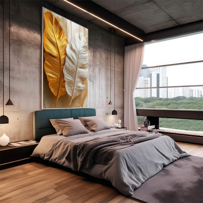 Quadro Decorativo Esplendor das Folhas Douradas - quadros decorativos 1 Tela Vertical, 3 Telas - em sala moderna