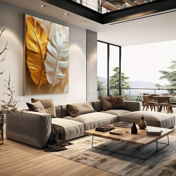 Quadro Decorativo Esplendor das Folhas Douradas - quadros decorativos para sala 1 Tela Vertical, 3 Telas - em quarto contemporaneo