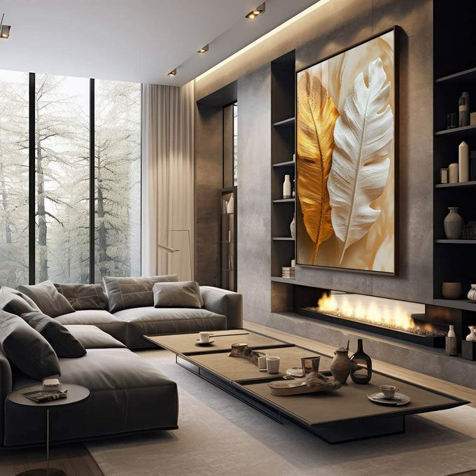 Quadro Decorativo Esplendor das Folhas Douradas - quadros decorativos 1 Tela Vertical, 3 Telas - em escritorio elegante