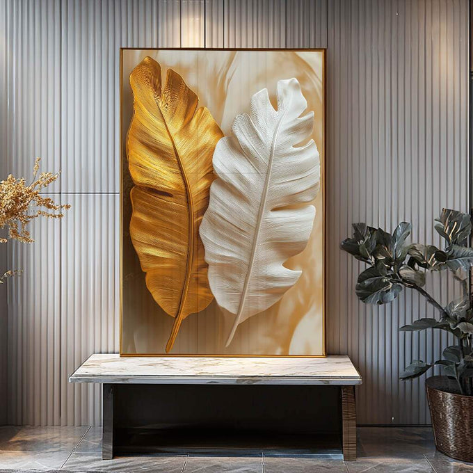Quadro Decorativo Esplendor das Folhas Douradas - quadros decorativos para sala 1 Tela Vertical, 3 Telas - em ambiente decorado