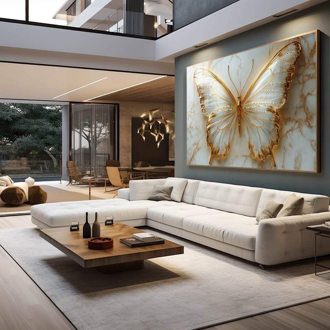 Quadro Decorativo Borboletas Douradas Elegância e Natureza - quadros decorativos 1 Tela, 1 Tela Horizontal - em sala moderna
