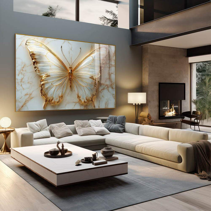 Quadro Decorativo Borboletas Douradas Elegância e Natureza - quadros decorativos para sala 1 Tela, 1 Tela Horizontal - em quarto contemporaneo