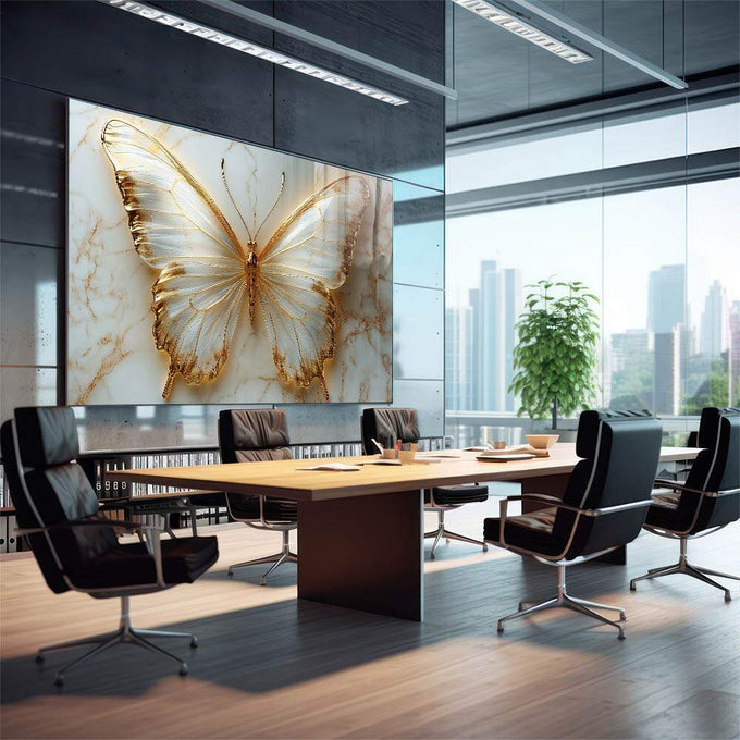 Quadro Decorativo Borboletas Douradas Elegância e Natureza - quadros decorativos 1 Tela, 1 Tela Horizontal - em escritorio elegante