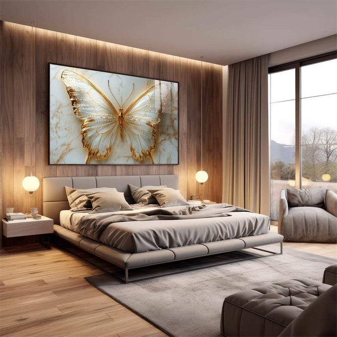 Quadro Decorativo Borboletas Douradas Elegância e Natureza - quadros decorativos para sala 1 Tela, 1 Tela Horizontal - em living room premium