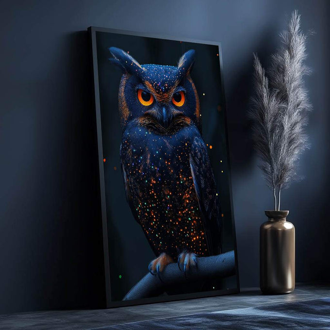 Quadro Decorativo Olhar Profundo da Coruja Belezas da Natureza - quadros decorativos para sala 1 Tela Vertical, 3 Telas - em ambiente decorado