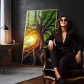 Quadro Decorativo Amanhecer da Árvore da Vida Harmonia e Beleza - quadros decorativos 1 Tela Vertical, 3 Telas - em sala moderna