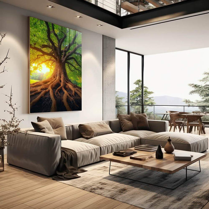Quadro Decorativo Amanhecer da Árvore da Vida Harmonia e Beleza - quadros decorativos 1 Tela Vertical, 3 Telas - em escritorio elegante