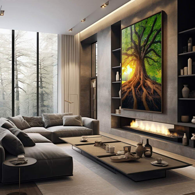 Quadro Decorativo Amanhecer da Árvore da Vida Harmonia e Beleza - quadros decorativos para sala 1 Tela Vertical, 3 Telas - em living room premium