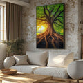 Quadro Decorativo Amanhecer da Árvore da Vida Harmonia e Beleza - quadros decorativos para sala 1 Tela Vertical, 3 Telas - em ambiente decorado