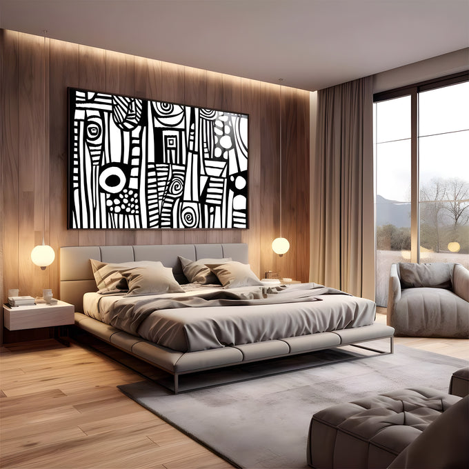 Arte abstrata preto e branco com espirais, listras, círculos e pontos em traço gráfico, quadro decorativo