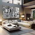 Arte abstrata preto e branco com espirais, listras, círculos e pontos em traço gráfico, quadro decorativo