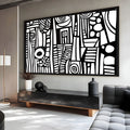 Arte abstrata preto e branco com espirais, listras, círculos e pontos em traço gráfico, quadro decorativo