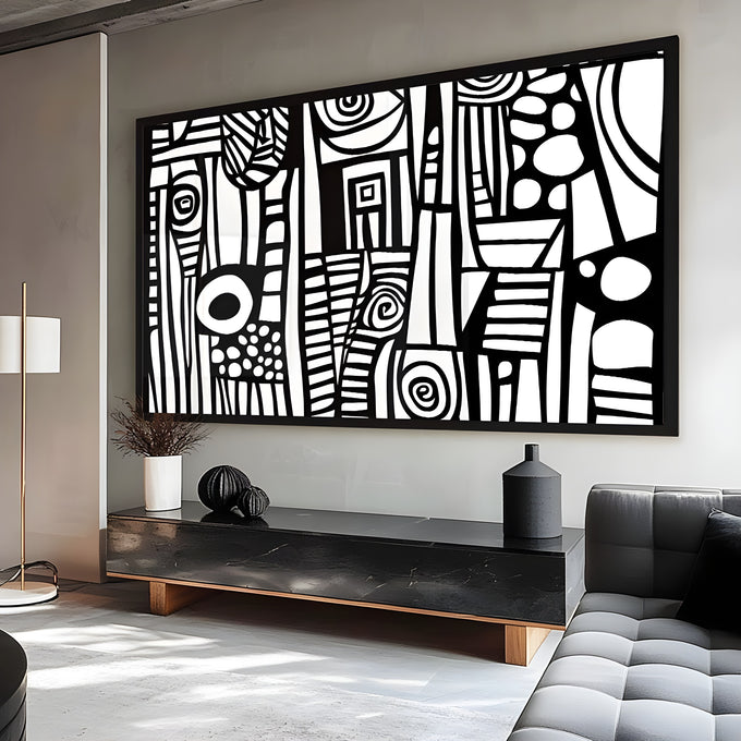 Arte abstrata preto e branco com espirais, listras, círculos e pontos em traço gráfico, quadro decorativo