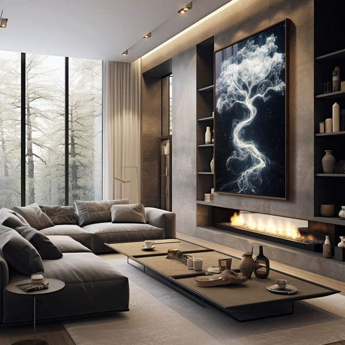 Quadro Decorativo Árvore da Vida Esfumaçada Elegância Natural - quadros decorativos 1 Tela Vertical, 3 Telas - em escritorio elegante