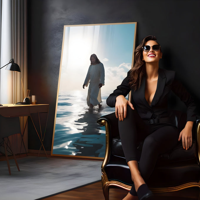 Jesus de túnica branca caminhando sobre o mar azul com o sol ao fundo, quadro decorativo