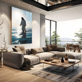Jesus de túnica branca caminhando sobre o mar azul com o sol ao fundo, quadro decorativo