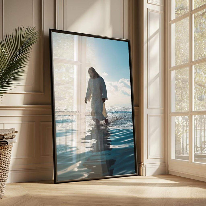 Quadro Decorativo Jesus Sobre as Águas - quadros decorativos para sala 1 Tela Vertical, 3 Telas - em ambiente decorado