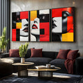 Rostos de mulher com lábios vermelhos em blocos geométricos vermelho, preto e amarelo, quadro decorativo