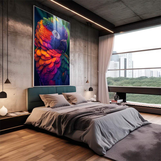 Quadro Decorativo Ave Magnífica Colorida Beleza e Sofisticação - quadros decorativos 1 Tela Vertical, 3 Telas - em sala moderna