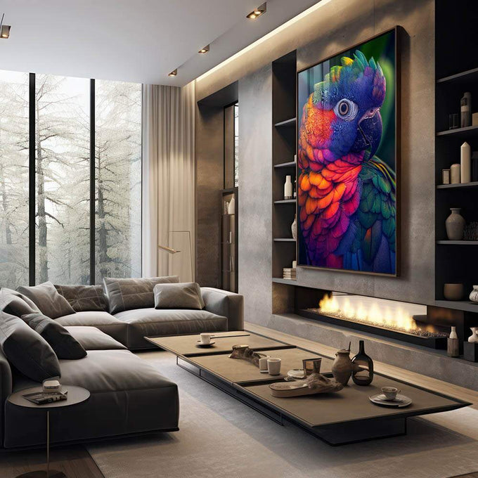 Quadro Decorativo Ave Magnífica Colorida Beleza e Sofisticação - quadros decorativos 1 Tela Vertical, 3 Telas - em escritorio elegante