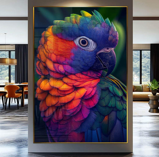 Quadro Decorativo Ave Magnífica Colorida Beleza e Sofisticação - quadros decorativos para sala 1 Tela Vertical, 3 Telas - em ambiente decorado