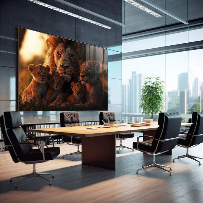 Quadro Decorativo Família Harmônica de Leões Beleza e Sofisticação - quadros decorativos 1 Tela, 1 Tela Horizontal - em sala moderna