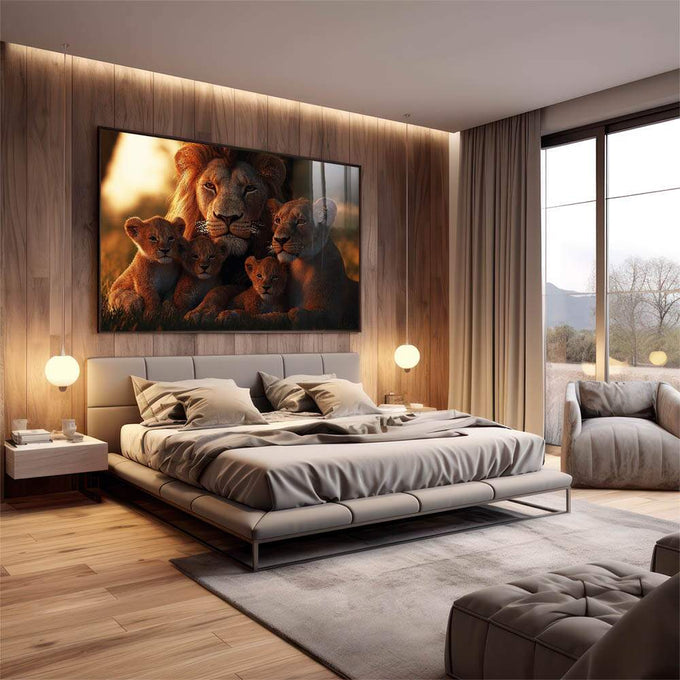 Quadro Decorativo Família Harmônica de Leões Beleza e Sofisticação - quadros decorativos para sala 1 Tela, 1 Tela Horizontal - em quarto contemporaneo