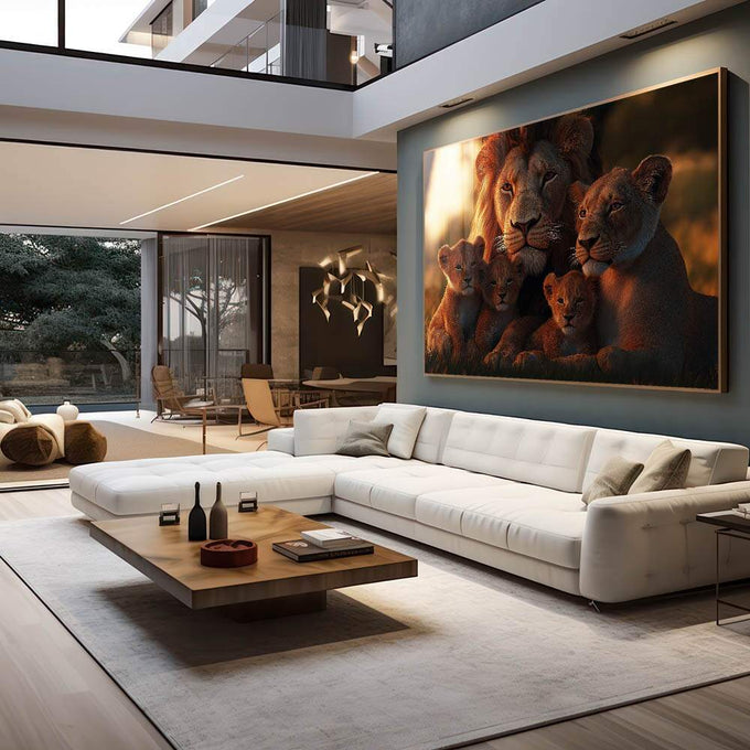 Quadro Decorativo Família Harmônica de Leões Beleza e Sofisticação - quadros decorativos 1 Tela, 1 Tela Horizontal - em escritorio elegante