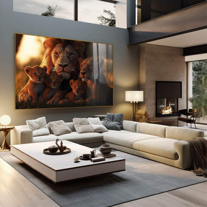 Quadro Decorativo Família Harmônica de Leões Beleza e Sofisticação - quadros decorativos para sala 1 Tela, 1 Tela Horizontal - em living room premium