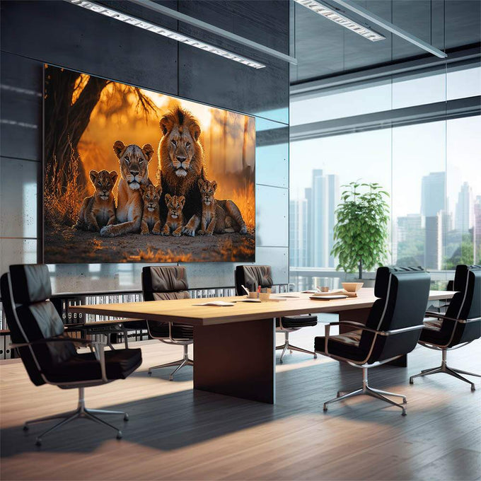 Quadro Decorativo Majestosa Família de Leões - quadros decorativos 1 Tela, 1 Tela Horizontal - em sala moderna