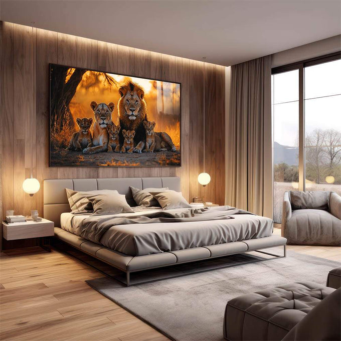 Quadro Decorativo Majestosa Família de Leões - quadros decorativos para sala 1 Tela, 1 Tela Horizontal - em quarto contemporaneo