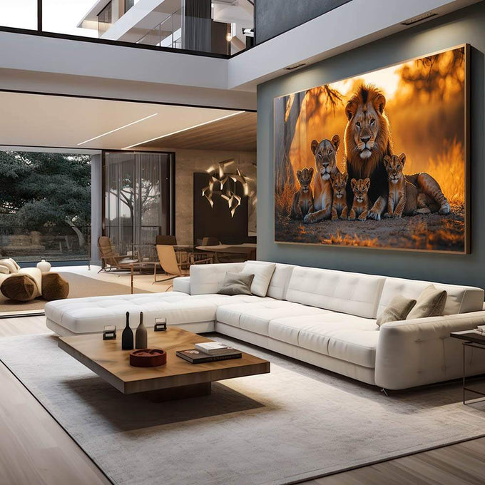 Quadro Decorativo Majestosa Família de Leões - quadros decorativos 1 Tela, 1 Tela Horizontal - em escritorio elegante