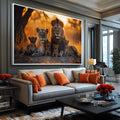 Leão, leoa e quatro filhotes sentados na savana sob luz dourada do pôr do sol, quadro decorativo