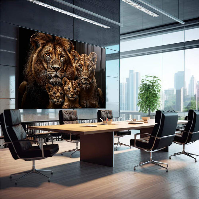 Quadro Decorativo Magnífica Família de Leões - quadros decorativos 1 Tela, 1 Tela Horizontal - em sala moderna